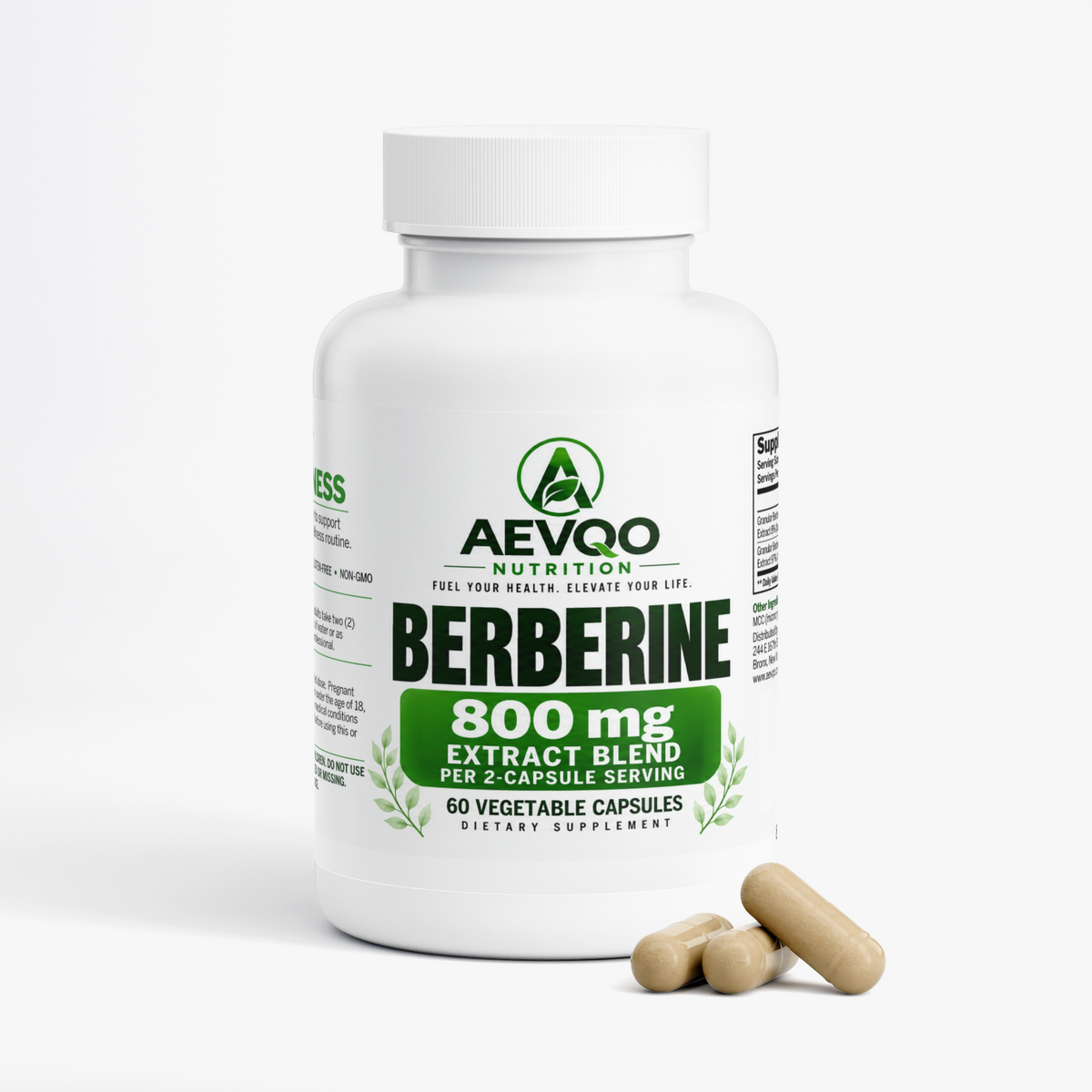 AEVQO Berberine, 800 mg Extract Blend per 2-Capsule Serving, 60 Vegetable Capsules