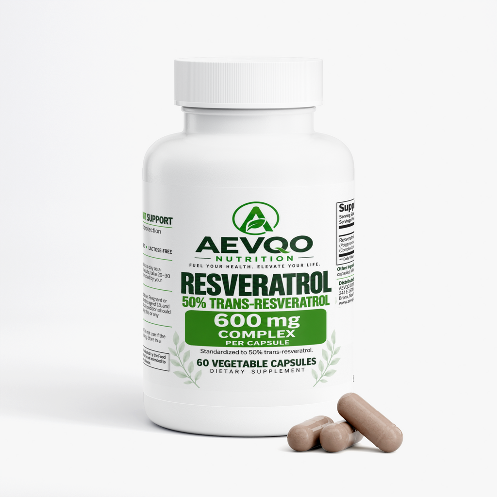 AEVQO Resveratrol, 600 mg Complex per Capsule, Standardized to 50% Trans-Resveratrol, 60 Vegetable Capsules