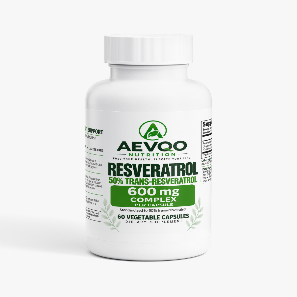 AEVQO Resveratrol, 600 mg Complex per Capsule, Standardized to 50% Trans-Resveratrol, 60 Vegetable Capsules