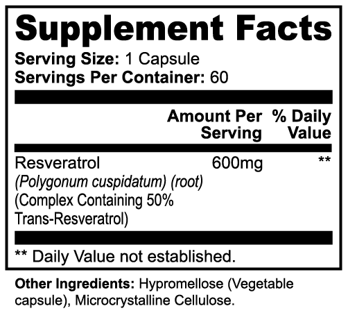 AEVQO Resveratrol, 600 mg Complex per Capsule, Standardized to 50% Trans-Resveratrol, 60 Vegetable Capsules