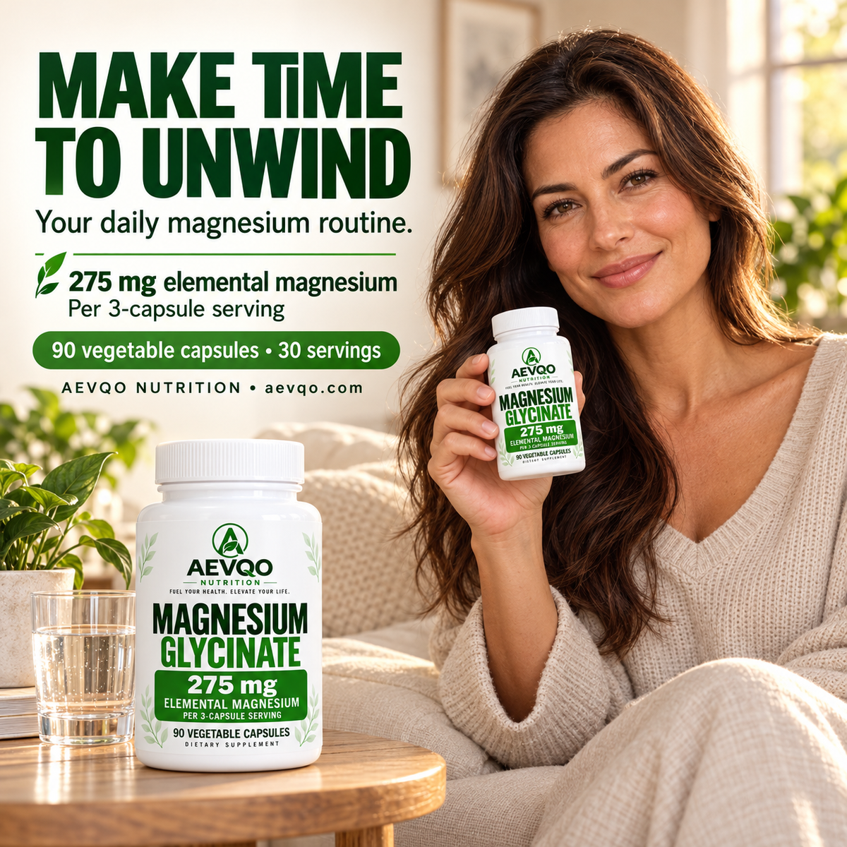 AEVQO Magnesium Glycinate, 275 mg Elemental Magnesium per 3-Capsule Serving, 90 Vegetable Capsules