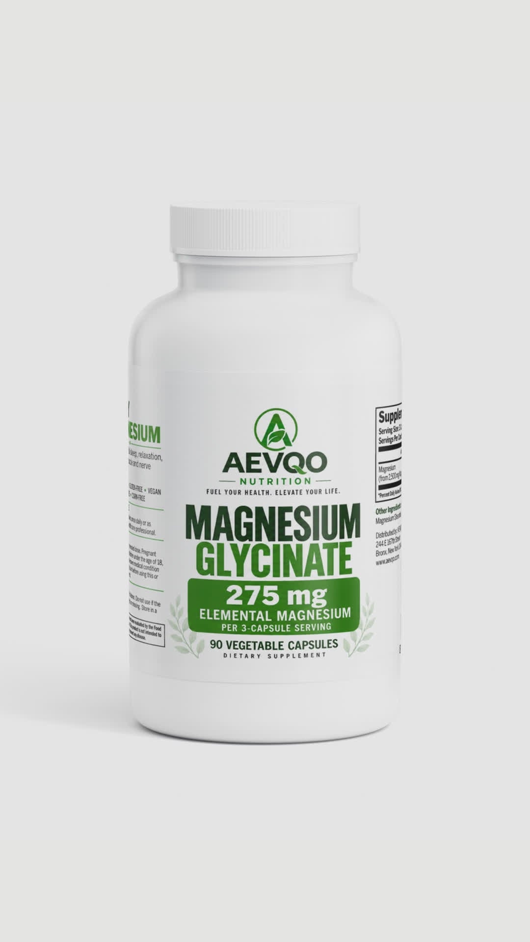 AEVQO Magnesium Glycinate, 275 mg Elemental Magnesium per 3-Capsule Serving, 90 Vegetable Capsules